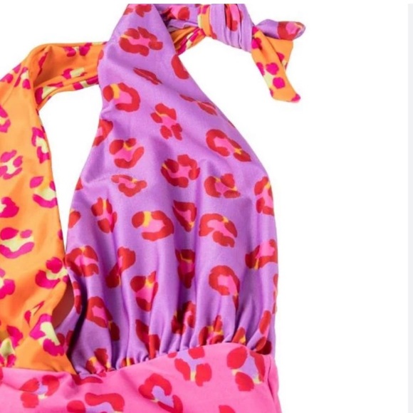 🎉HP New Farm Rio Leopard Patchwork Med 8/10 Halter Pink Purple 
Maillot Tie Swim - Picture 4 of 13